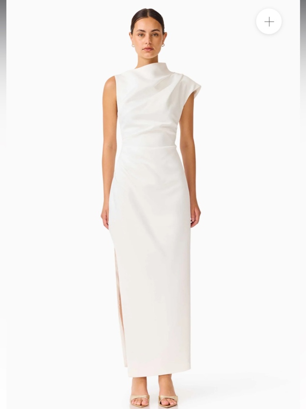 Elliatt coralie white sateen high neckline draped slit detail maxi dress medium - Picture 13 of 13